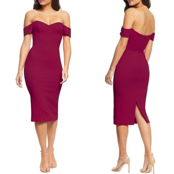 Dress the Population Bailey Off the Shoulder Sheath Midi Dress Magenta Medium - Picture 1 of 5